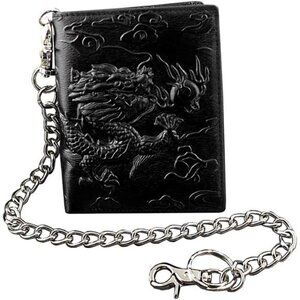 Balck Men Real Leather Vintage Dragon Wallet with Chain Card Holder Purse